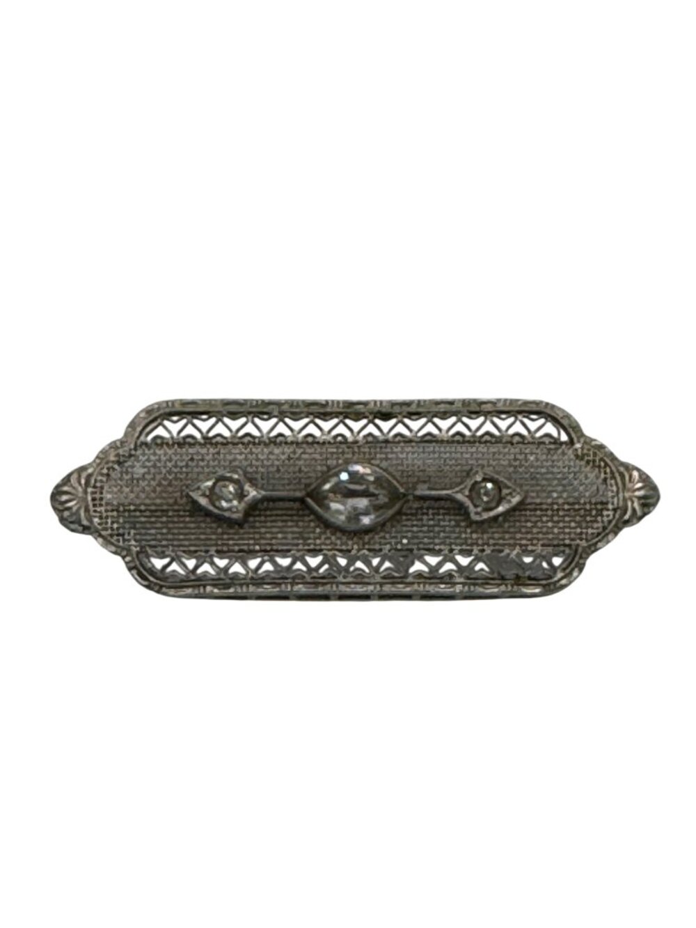 Vintage 14k White Gold Art Deco Filigree Bar Brooch Rhinestone Clear 2" Antique